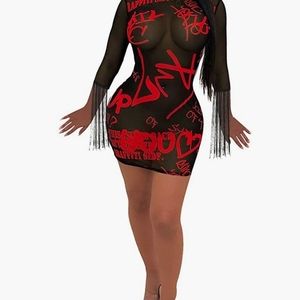 Sheer dress very pretty black wit red writing club dress